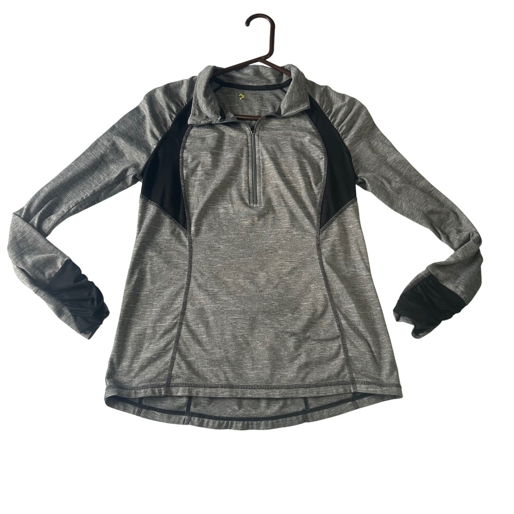 Danskin Now Womens Gray Space Dye Quarter Zip Top Thumbholes Size L 12-14